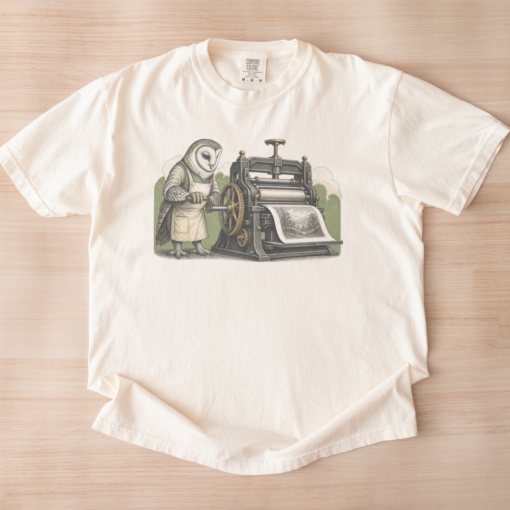 Owl Operating a Press Machine Graphic Tee